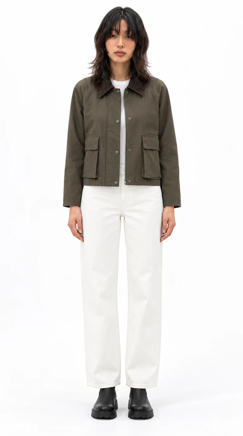 AI outfit preview: Barn Short Jacket, Straight Jeans · White, Side Gore Boots · Black