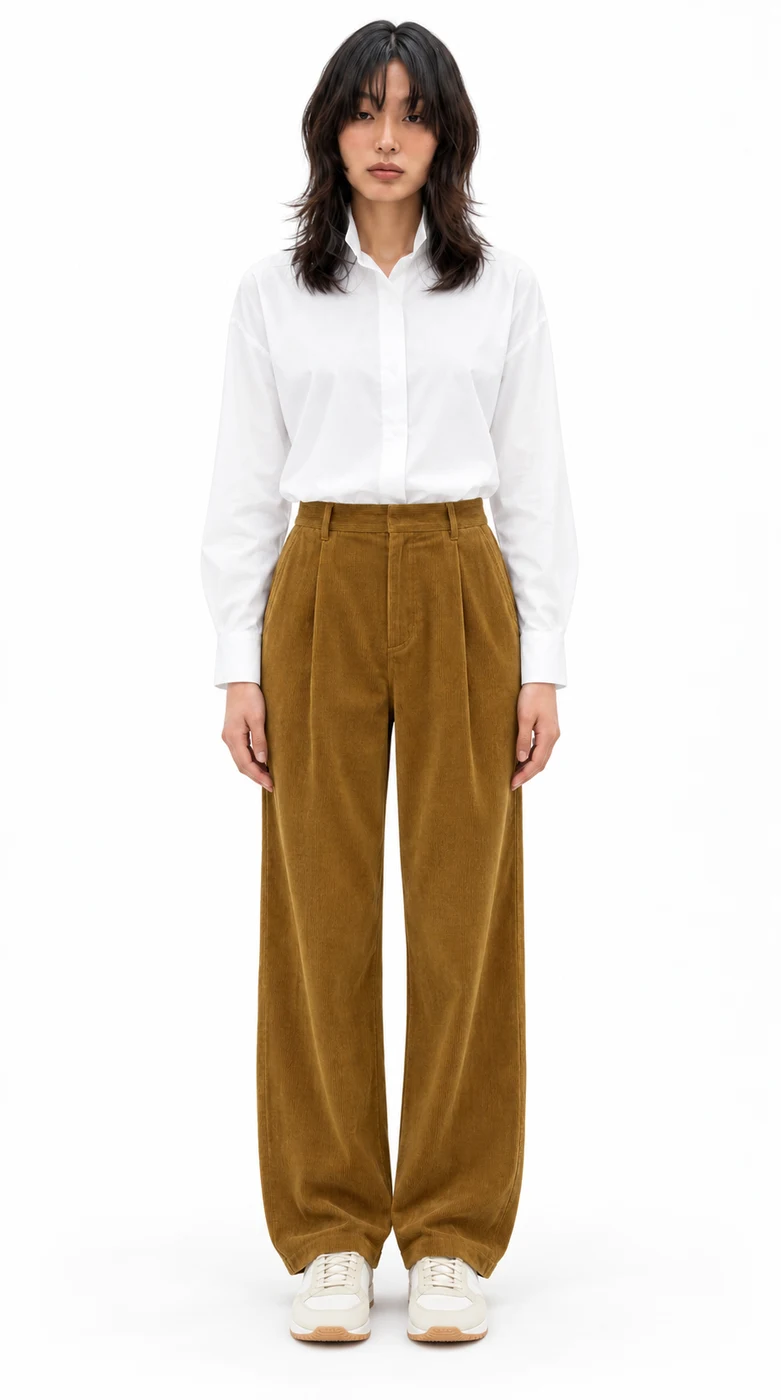 AI outfit preview: Cotton Stand Collar Shirt, Corduroy Volume Pants, Combination Sneaker · Off white